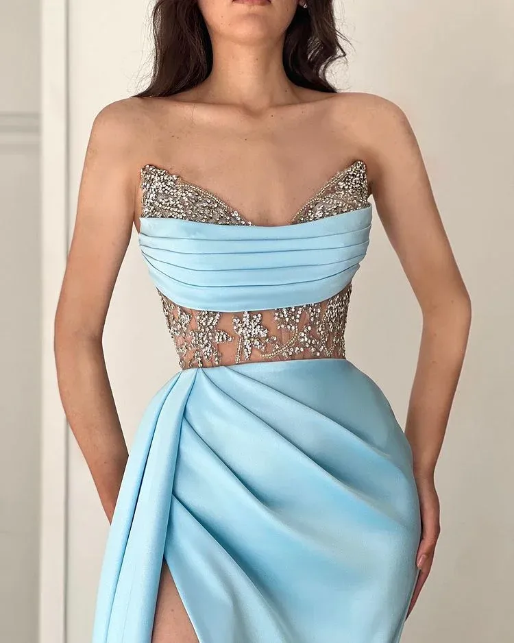 Strapless Mermaid Blue Prom Dress Sleeveless Satin Cheap Evening Gowns #POL026