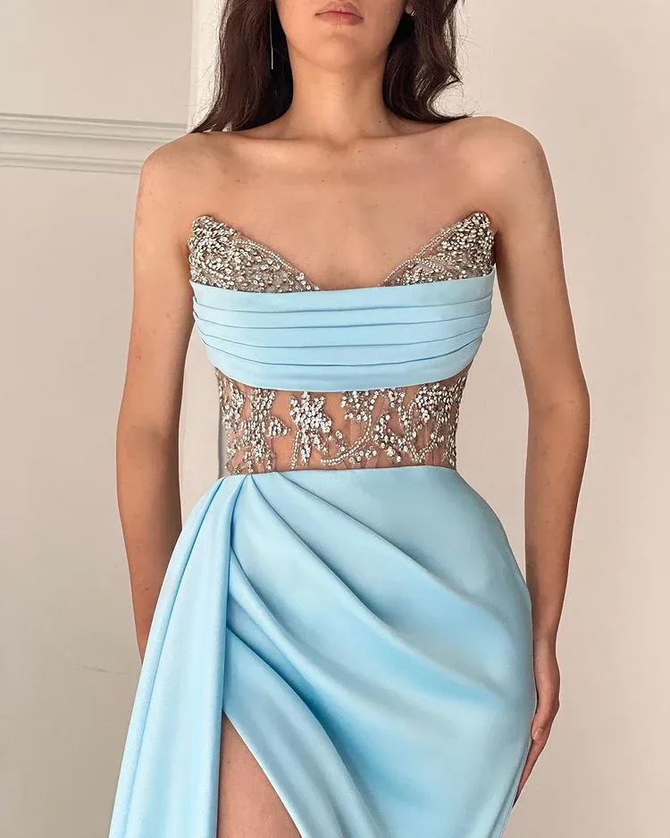 Strapless Mermaid Blue Prom Dress Sleeveless Satin Cheap Evening Gowns #POL026