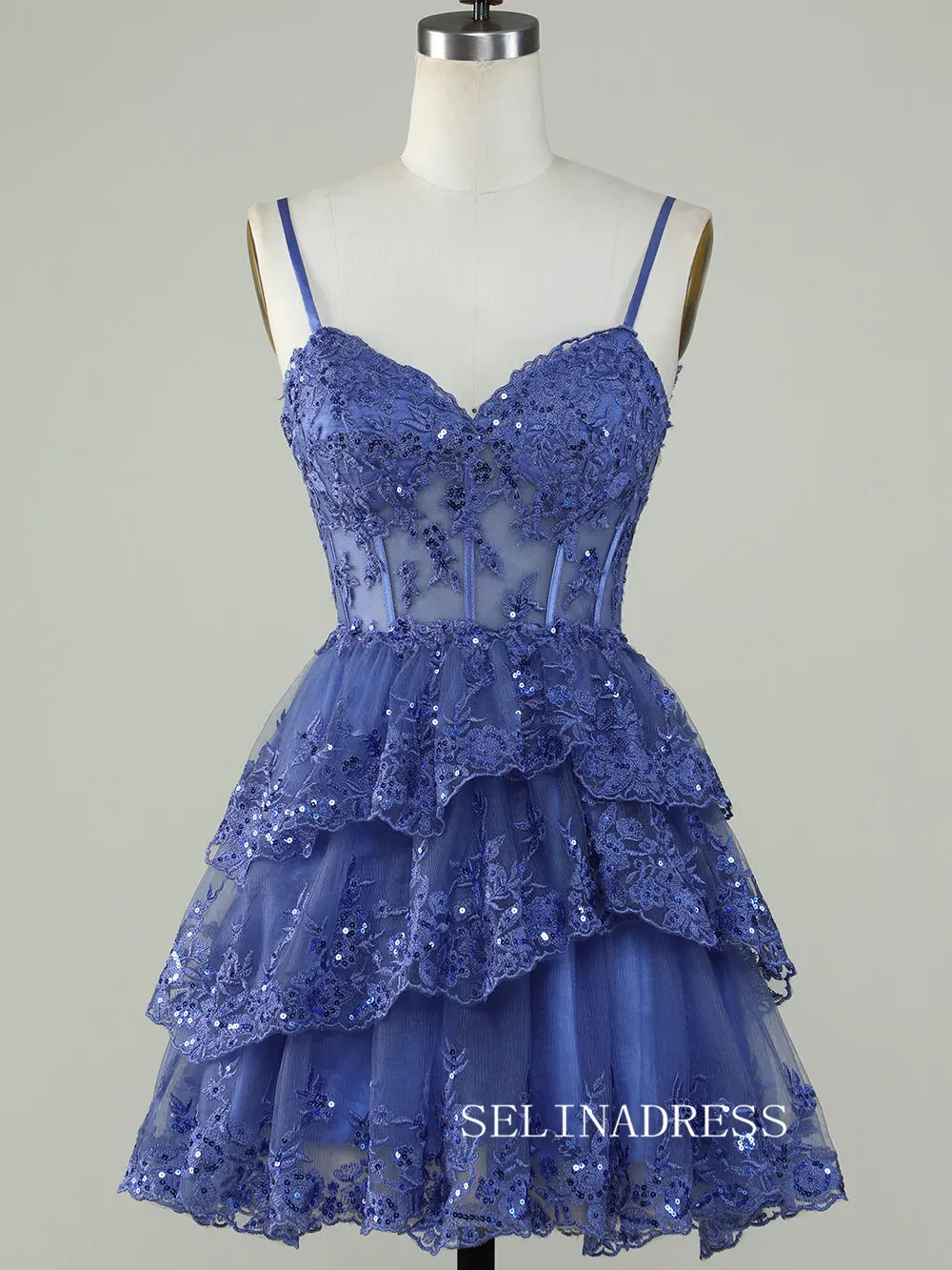Straps Sequins Corset Layered Lavender Homecoming Dress Short Party Dress SEA002