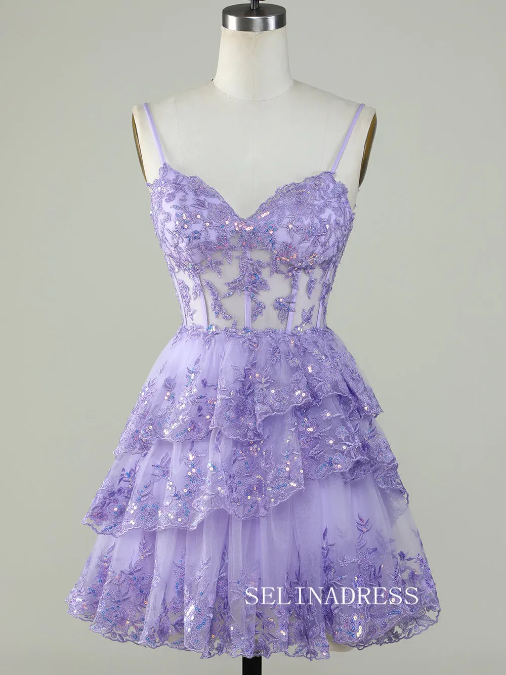 Straps Sequins Corset Layered Lavender Homecoming Dress Short Party Dress SEA002