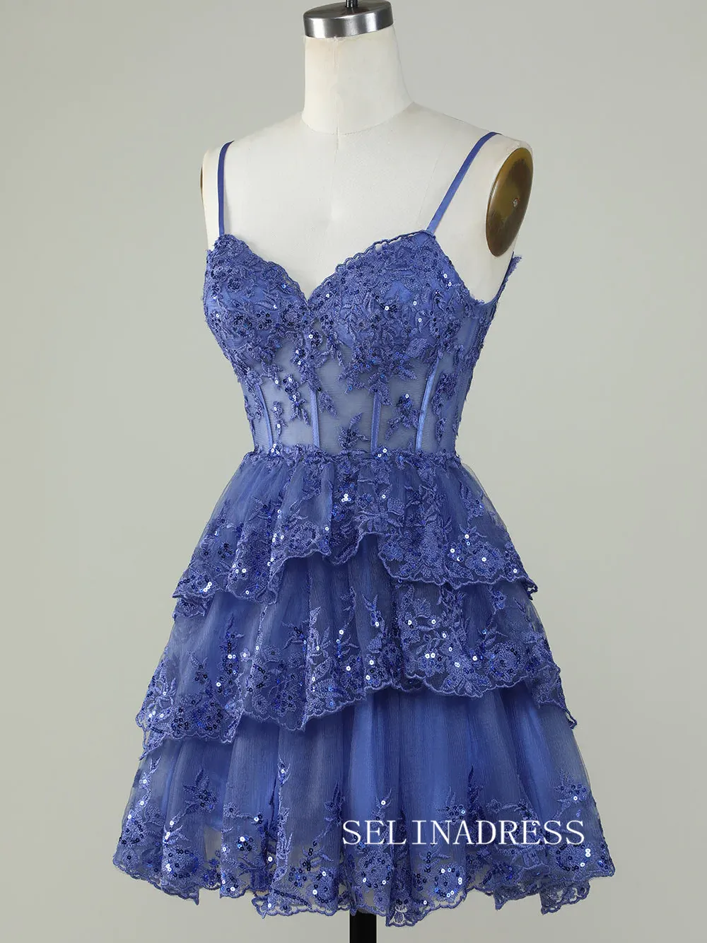Straps Sequins Corset Layered Lavender Homecoming Dress Short Party Dress SEA002