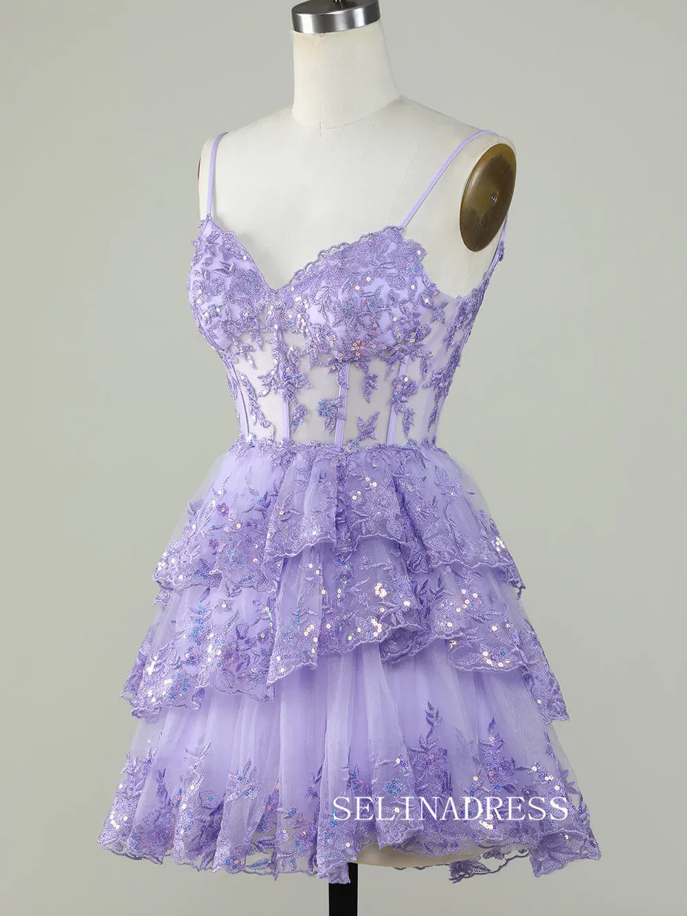 Straps Sequins Corset Layered Lavender Homecoming Dress Short Party Dress SEA002