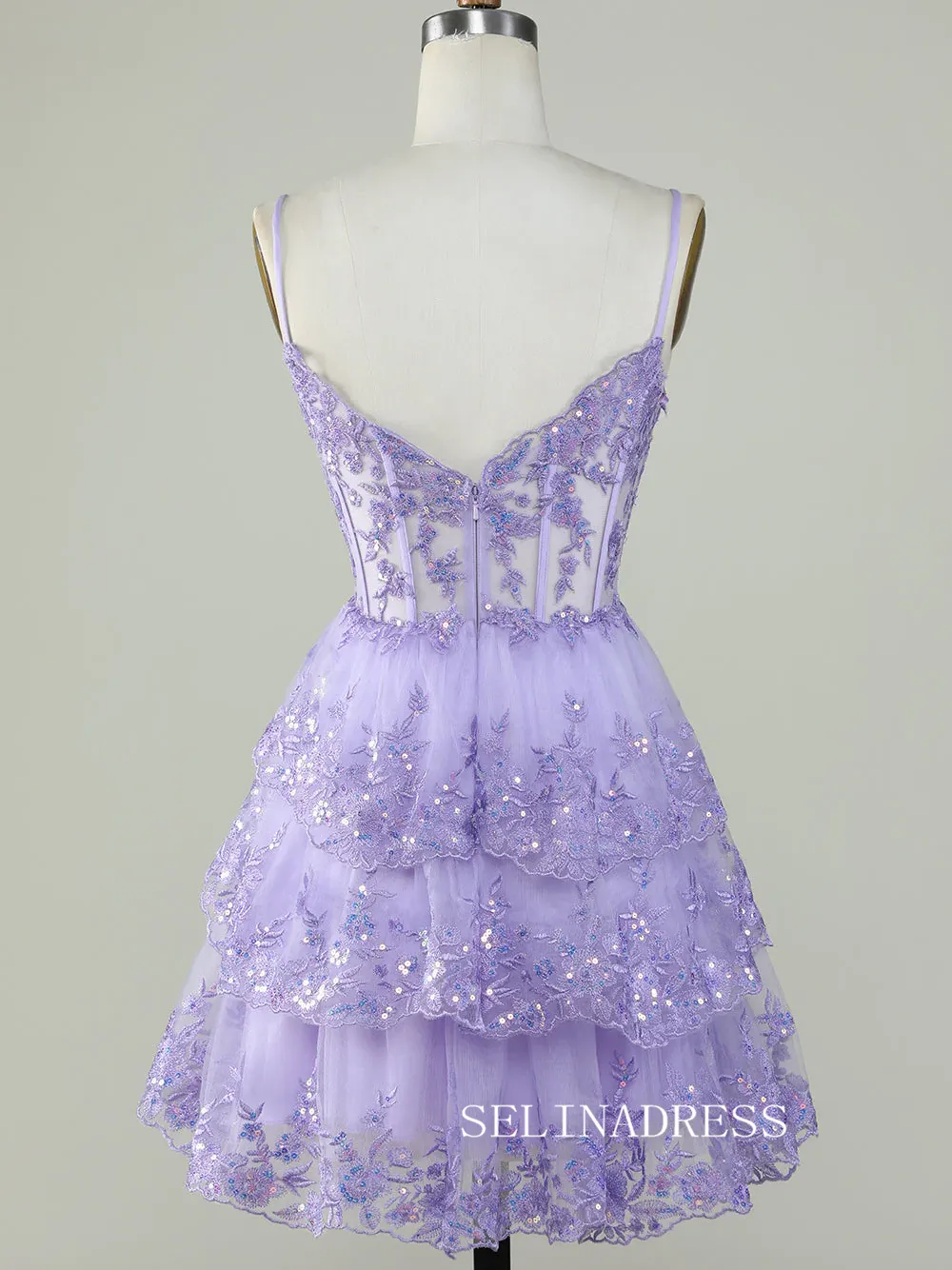 Straps Sequins Corset Layered Lavender Homecoming Dress Short Party Dress SEA002