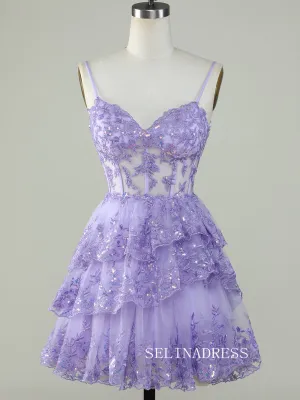 Straps Sequins Corset Layered Lavender Homecoming Dress Short Party Dress SEA002