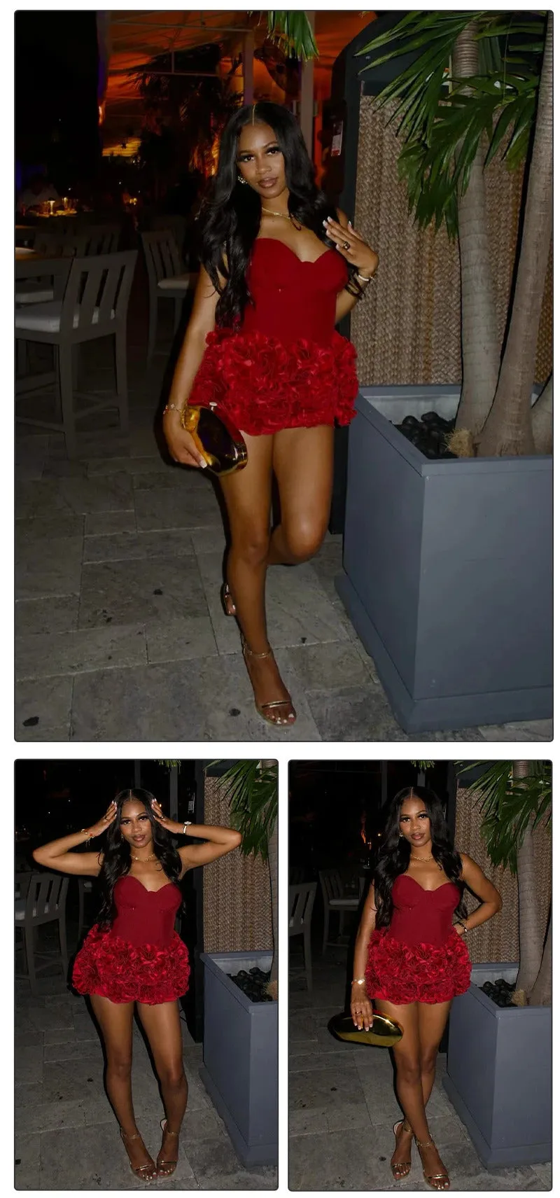 VC Christmas Dress Strapless Backless Red Structured Floral Embellished Mini Length Bodycon Celebrity Party Cocktail Dress