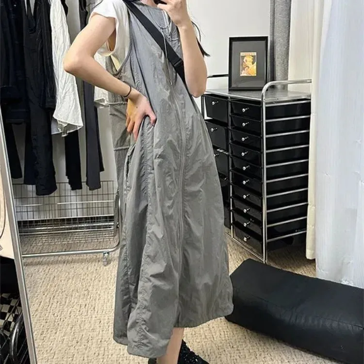 Vevesc New Mid-length Loose Dresses Y2k O-neck Sleeveless Vest For Women Fashion All-match Straight Black Vestidos Mujer