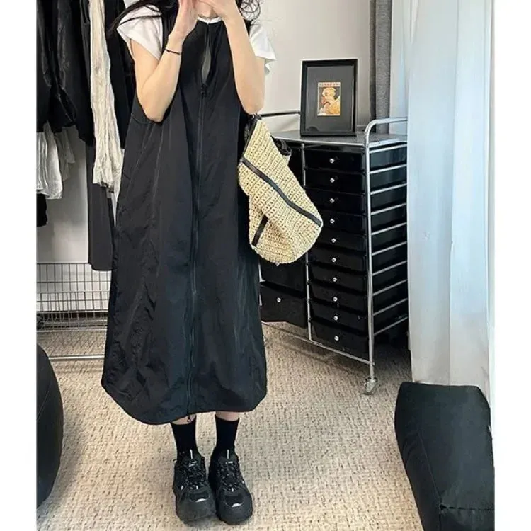 Vevesc New Mid-length Loose Dresses Y2k O-neck Sleeveless Vest For Women Fashion All-match Straight Black Vestidos Mujer