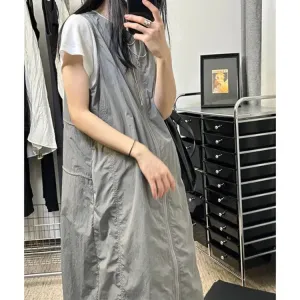 Vevesc New Mid-length Loose Dresses Y2k O-neck Sleeveless Vest For Women Fashion All-match Straight Black Vestidos Mujer
