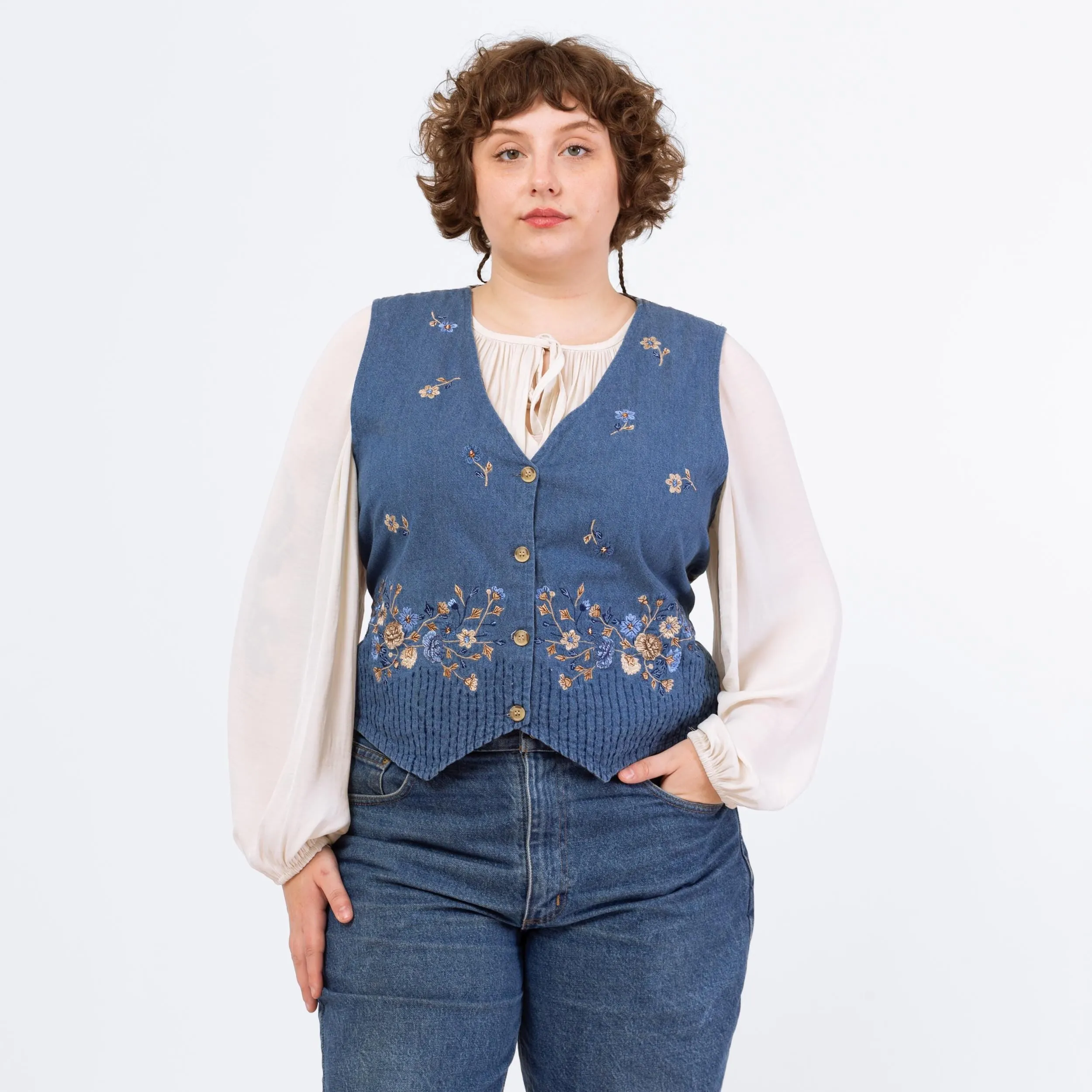Vintage 90s Denim Floral Embroidered Vest - Extra Large