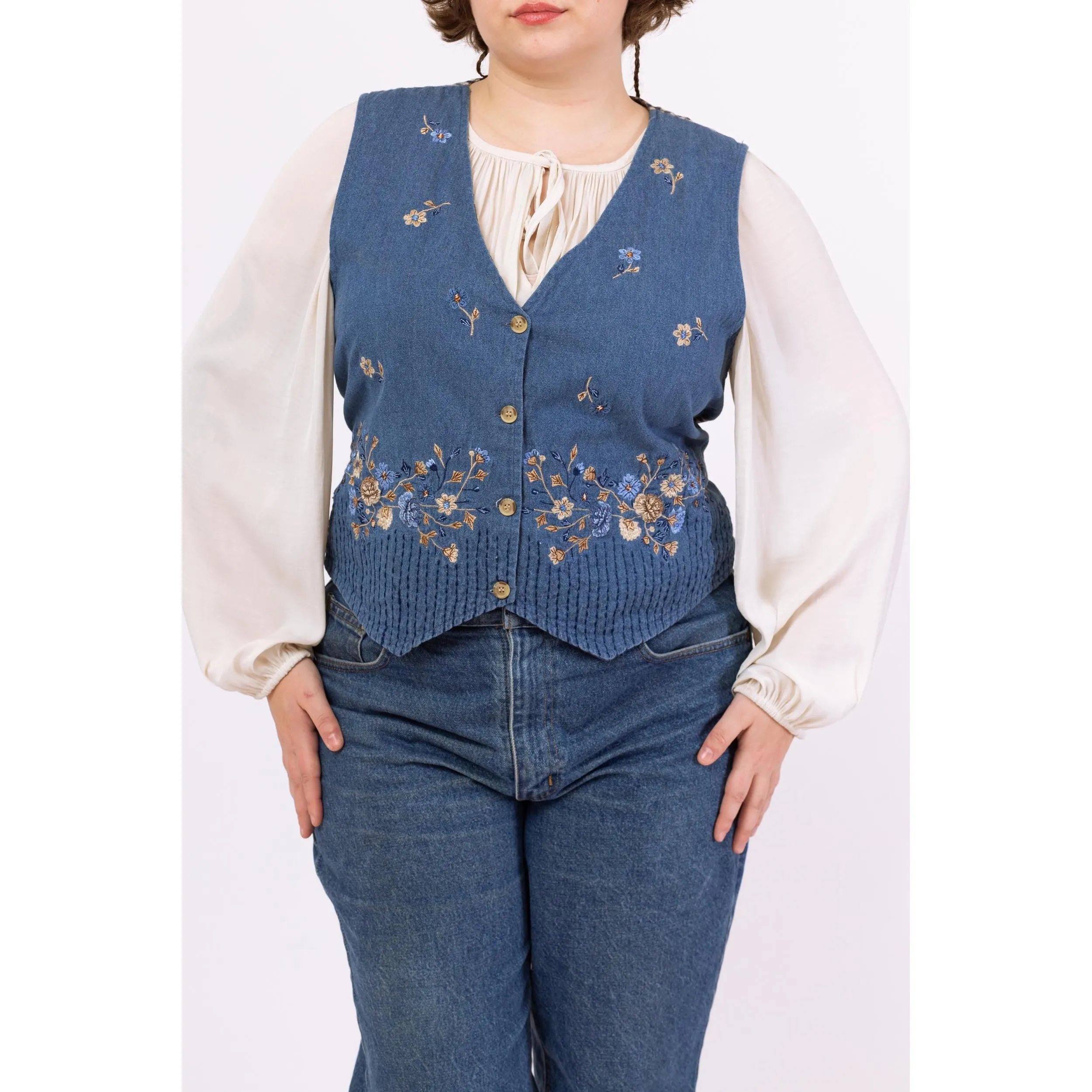 Vintage 90s Denim Floral Embroidered Vest - Extra Large