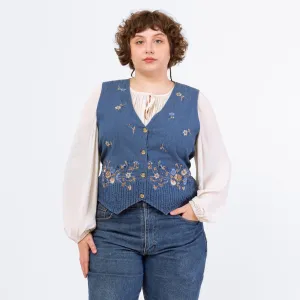 Vintage 90s Denim Floral Embroidered Vest - Extra Large