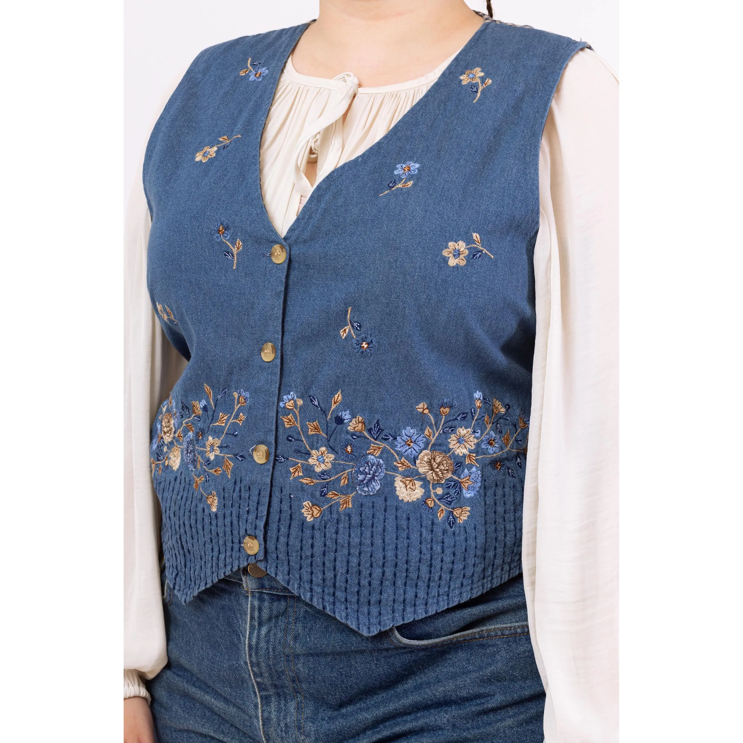 Vintage 90s Denim Floral Embroidered Vest - Extra Large