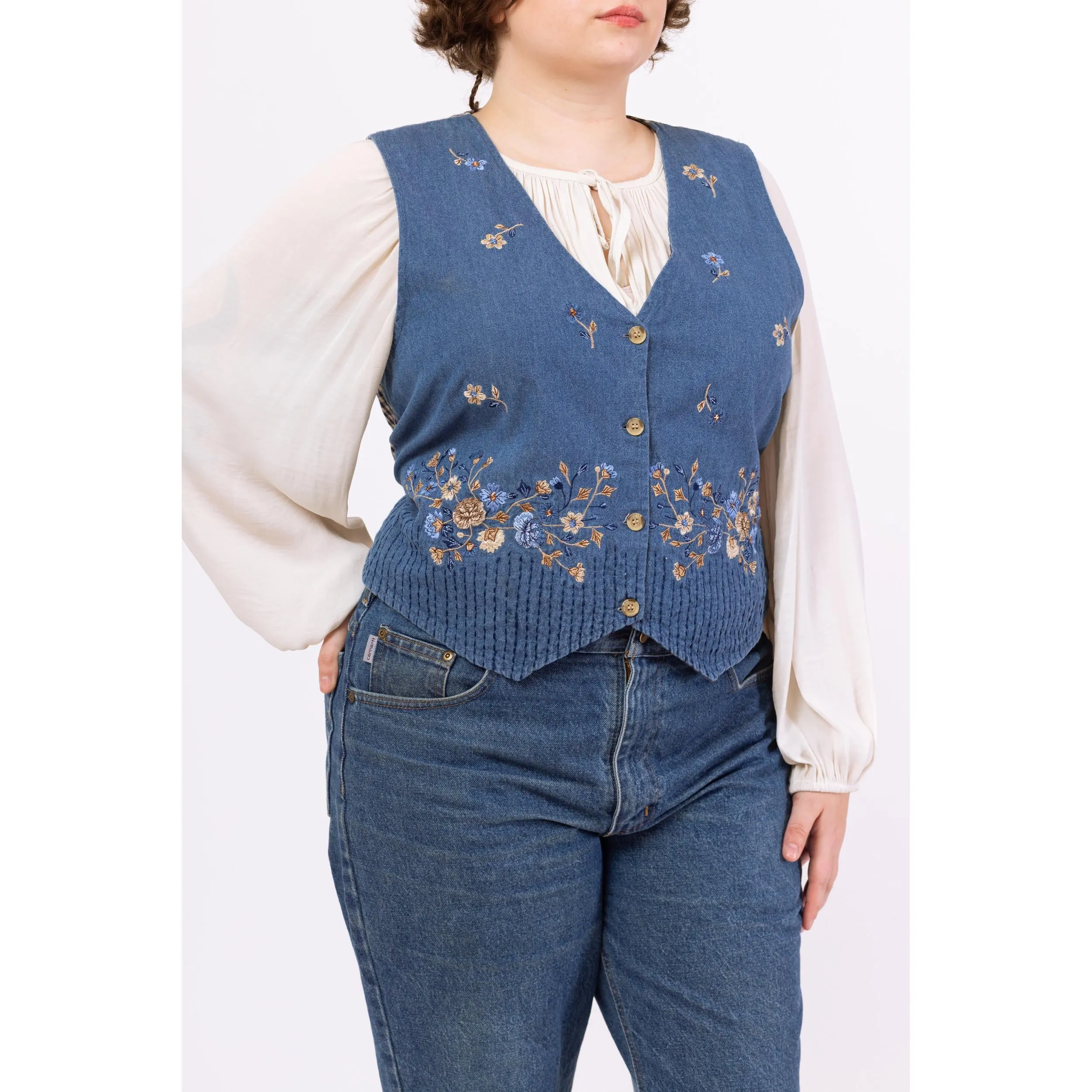 Vintage 90s Denim Floral Embroidered Vest - Extra Large