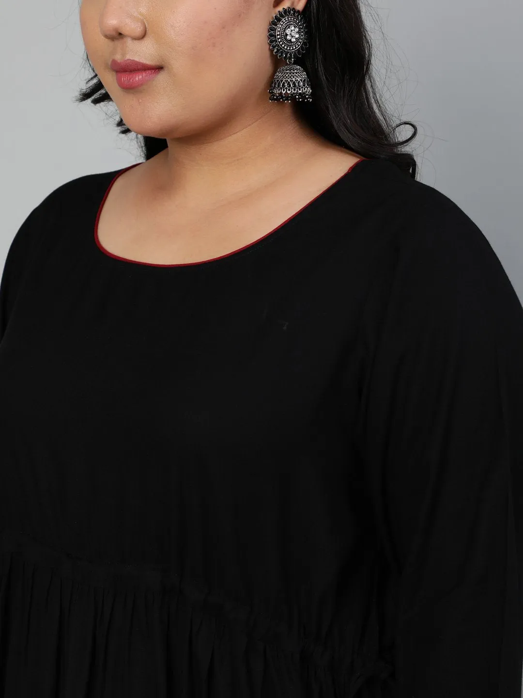 Women Solid Black Dress With Printed Dupatta