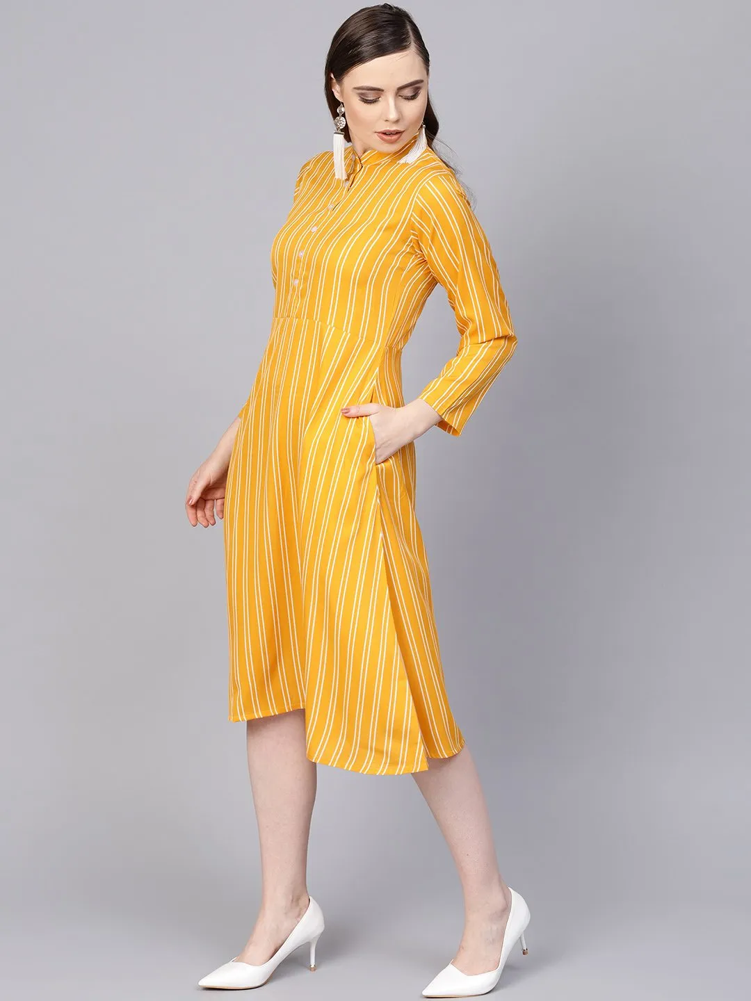 Yellow & White Striped Dress With Madarin Collar & Full Sleeves