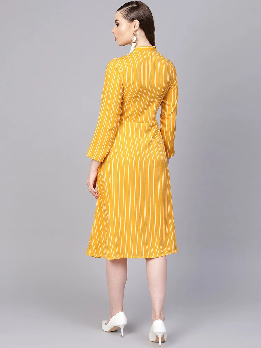 Yellow & White Striped Dress With Madarin Collar & Full Sleeves