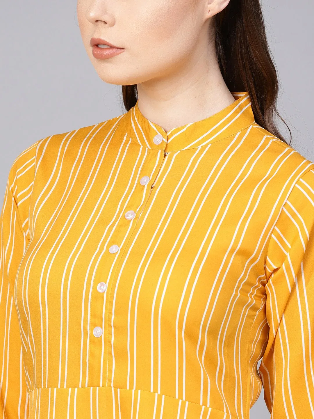 Yellow & White Striped Dress With Madarin Collar & Full Sleeves
