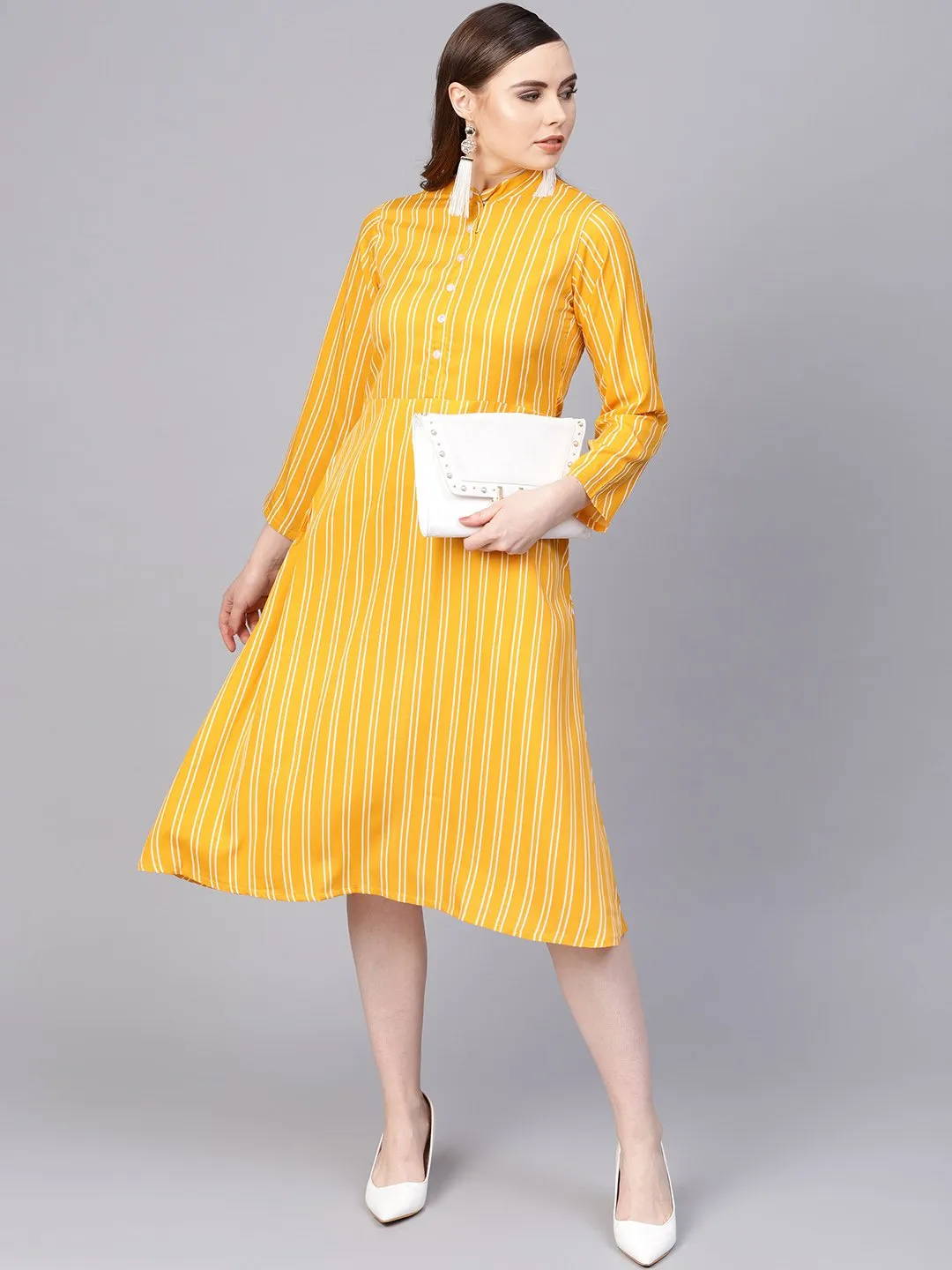 Yellow & White Striped Dress With Madarin Collar & Full Sleeves