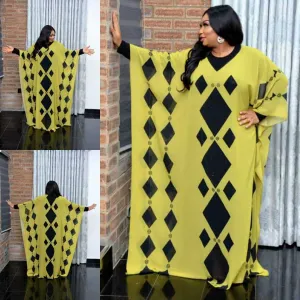 Yellow Boubou women V-neck polyester